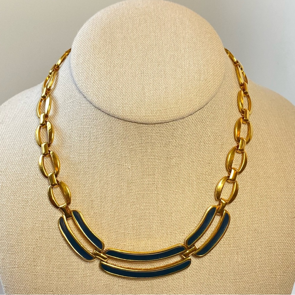Vintage Napier Dark Navy Blue Enamel Chunky Modernist Choker Chain Link Necklace